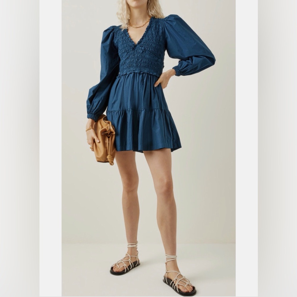 Sea Blue Mini Dress with Puff Sleeves